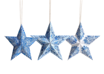 Three hanging, blue & white patterned paper stars on a black background