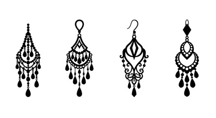 Elegant collection of intricate black silhouette chandelier earrings and dangle drop jewelry accessories for fashion and design projects isolated on white background