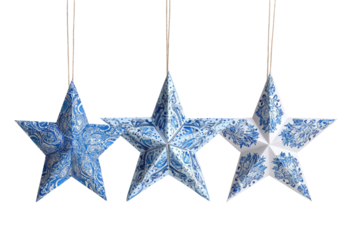 Three hanging, blue & white patterned paper stars on a black background - Powered by Adobe