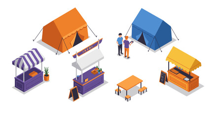 Outdoor market tents and food stalls with customers in isometric design