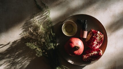 Fototapeta premium Pomegranate oil and fresh fruit arranged on a rustic plate with botanical elements, showcasing natural beauty and healthy skincare concepts