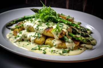 Delicious roasted potatoes, cod fish and asparagus with parsley and creamy bearnaise sauce served on a white plate
