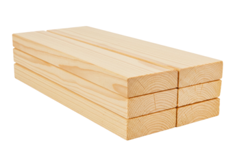 Isolated stack of four wooden planks or boards for carpentry or home improvement projects