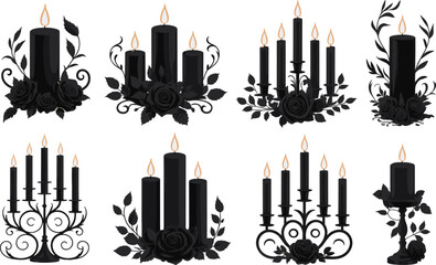 Gothic candle silhouette set, black vector icons with flames, floral and ornate holders, romantic dark decor, Halloween illustration elements