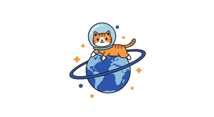 Adorable orange cat astronaut floating among stars and planets in outer space adventure isolated on white background