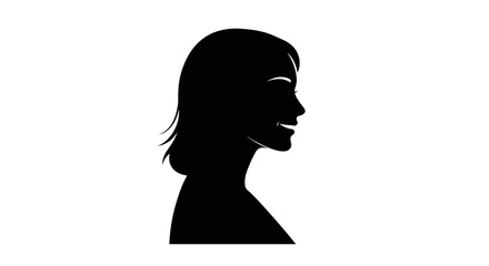 Profile silhouette of a young woman smiling showing teeth dynamic black and white contrast elegant portrait isolated on white background