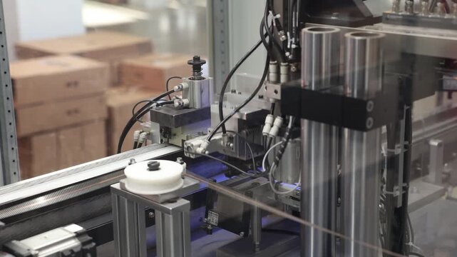 Industrial robotic system in an enclosed workstation featuring actuators, wiring, and grippers for automated part handling. Includes copy space