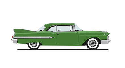 Vintage green american classic car with tail fins side view automotive transportation vehicle retro automobile style isolated on white background