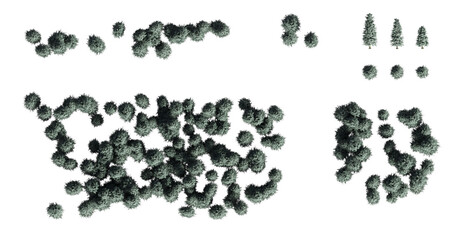 trees in the forest, top view, area view, isolated on transparent background, 3D illustration, cg render
