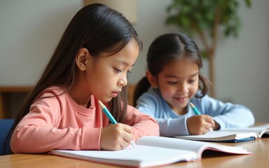 Focused small diverse sisters sitting at table, doing tasks in notebooks together at home. Busy little mixed race kids girls involved in preparing school homework or enjoying online educational class.