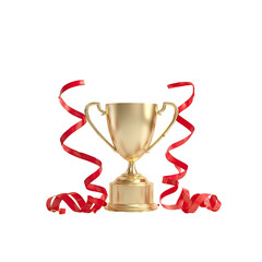Gold trophy with red streamers isolated on a black background, celebrating achievement