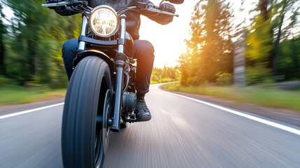 Rider on motorcycle speeding down rural road, feeling thrill of freedom and adventure