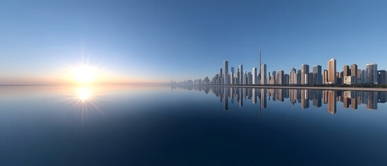 Fototapeta premium A panoramic view of a modern city skyline at sunrise with its majestic buildings reflected on the calm water s surface under a clear blue sky