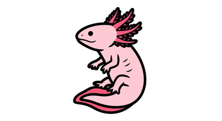 Cute pink axolotl amphibian character drawing with frilly gills smiling adorable aquatic animal pet for children's books and kawaii designs isolated on white background