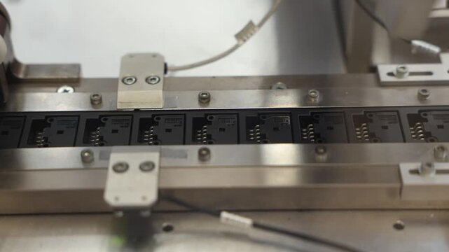 Close-up of molded black plastic components with embedded metal contacts moving on a guided conveyor in an automated production line. Includes copy space