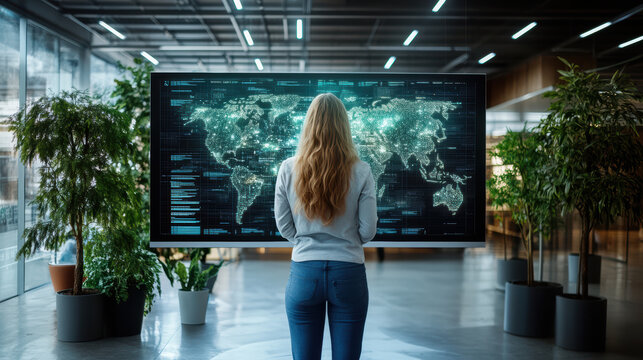 Innovative person observing digital world map on holographic screen in modern office