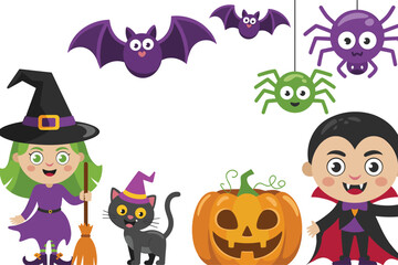 Halloween cartoon characters, witch girl, vampire boy, black cat, jack-o'-lantern, bats, spiders, festive spooky vector illustration for seasonal design