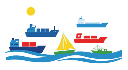 Obraz premium Diverse fleet of cargo ships and sailboat navigating blue ocean waves under bright yellow sun symbolizing maritime commerce and travel isolated on white background