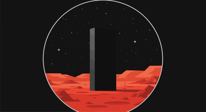 Mysterious monolith on alien planet surface with red landscape and starry sky abstract cosmic scene discovery isolated on white background