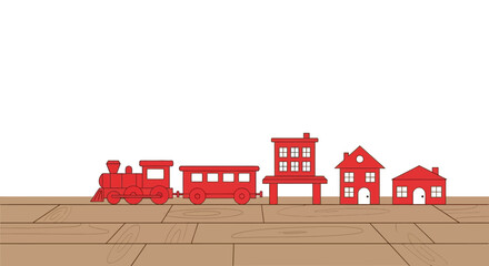 Charming red toy train set and village buildings arranged on tracks against a white sky perfect for children's themes isolated on white background