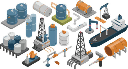 Isometric oil and gas industry illustration showing refinery plant, drilling rig, storage tanks, pipelines, ships, and industrial equipment concept