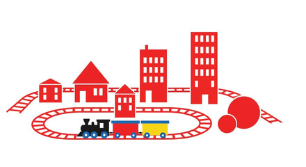 Whimsical toy train and city scene with red buildings and ukrainian flag colors on tracks isolated on white background