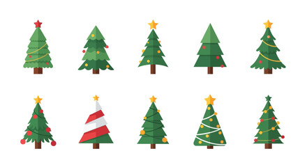 A vibrant collection of diverse Christmas tree icons, meticulously crafted in a modern flat design style. Perfect for holiday web graphics, app interfaces, or festive branding.