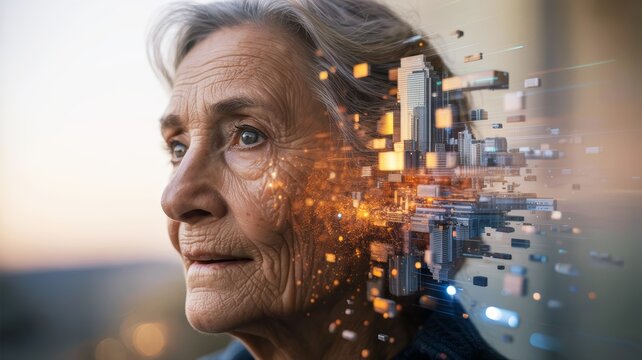 An elderly woman gazes thoughtfully, her profile merging with a cityscape, symbolizing the intersection of age and urban life.