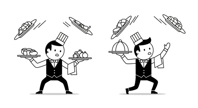 Skilled waiters juggling food and plates with expertise capturing dynamic restaurant service performance isolated on white background