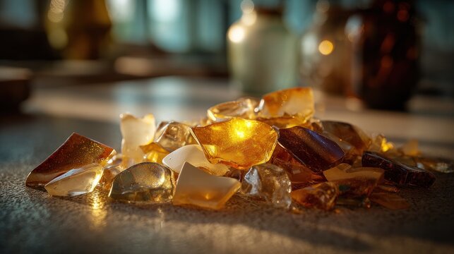Amber fragments in a pile, lit by sunlight