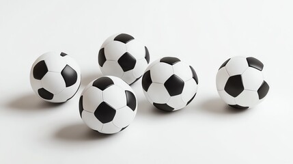 Five soccer balls on a clean white surface.