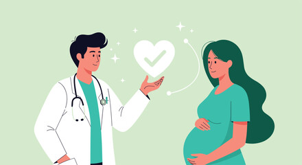 Doctor holding heart symbol near pregnant woman.