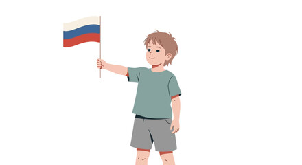 Young boy enthusiastically waves russian flag celebrating national pride and patriotism outdoors isolated on white background