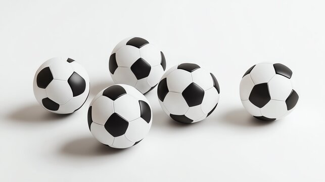 Five soccer balls on a clean white surface.