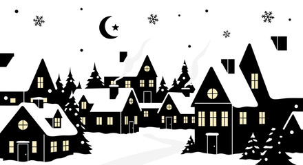 Charming black and white silhouette village scene under a crescent moon and falling snowflakes invites a cozy winter ambiance isolated on white background