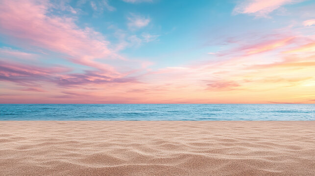 Calm beach scene with pink and purple sunset clouds above tranquil ocean horizon - Powered by Adobe