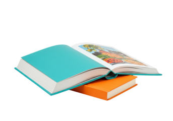 Isolated Books stacked one on top of another, books in colorful teal and orange covers