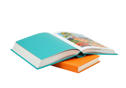 Isolated Books stacked one on top of another, books in colorful teal and orange covers