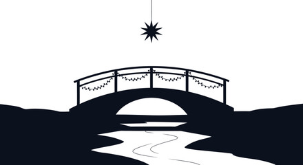 Artistic silhouette of a curved bridge crossing a reflective river with a starry sky above creates a mystical and serene landscape scene isolated on white background