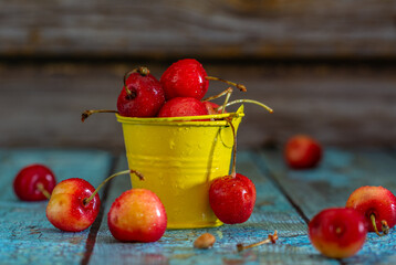 Still life with ripe and delicious red cherries.