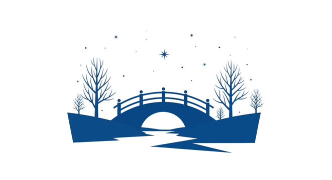 Serene winter bridge landscape with bare trees and gentle snowfall scene isolated on white background