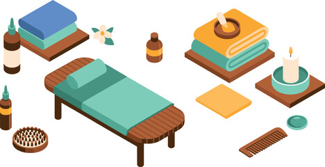 Isometric spa and wellness illustration with massage bed, towels, candles, essential oils, hairbrush, aromatherapy items, and relaxation concept