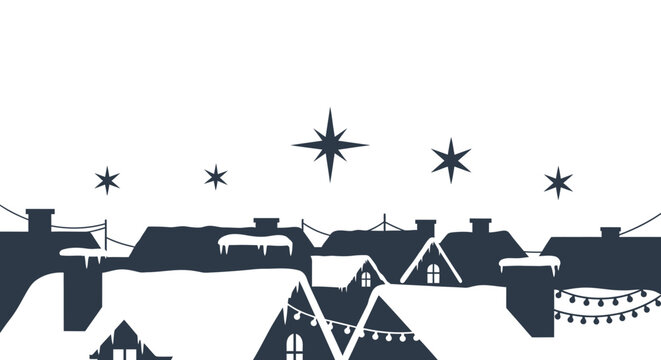 Charming winter village scene with snow-covered rooftops and twinkling stars under a clear sky ideal for festive holiday designs isolated on white background
