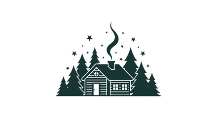 Cozy log cabin in snowy forest with smoke rising from chimney represents winter serenity and rustic mountain retreat isolated on white background