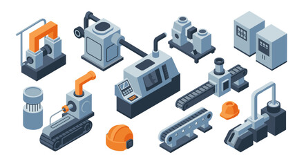 Obraz premium Isometric industrial machinery and equipment set for factories and warehouses