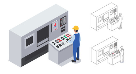 Isometric factory worker operating control panel with outline variations