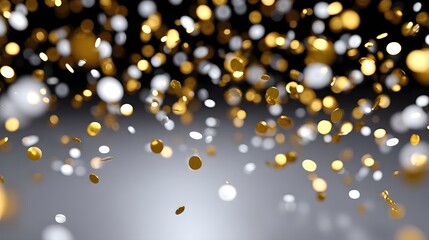 Golden and white confetti elegantly falling creating a festive and blurred bokeh background with a sense of celeb n and luxury
