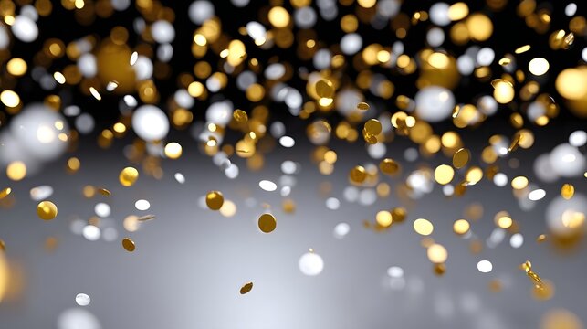Golden and white confetti elegantly falling creating a festive and blurred bokeh background with a sense of celeb n and luxury