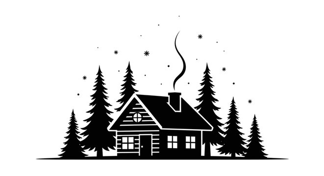 Cozy log cabin in snowy forest during winter scene with smoke rising from chimney and falling snowflakes isolated on white background