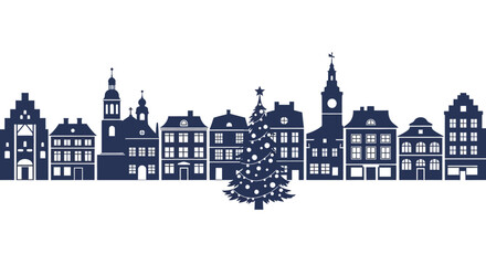 Charming european cityscape silhouette with historic buildings and festive christmas tree ideal for seasonal decor and travel themes isolated on white background